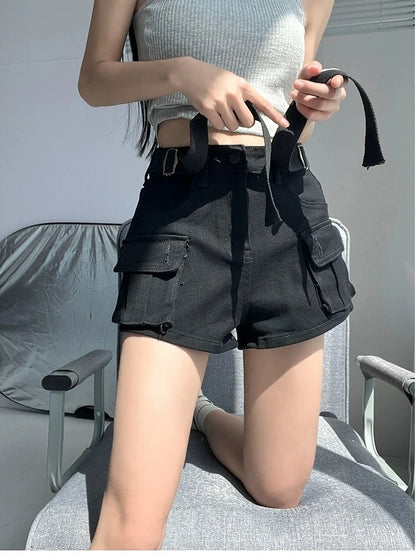 Women Large Pocket Denim Cargo Shorts