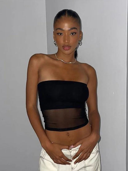 Sleeveless Off Shoulder Black Mesh Crop Top