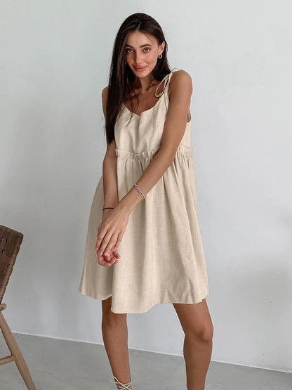 Holiday Comfort Style Khaki Linen Spaghetti Strap Dress