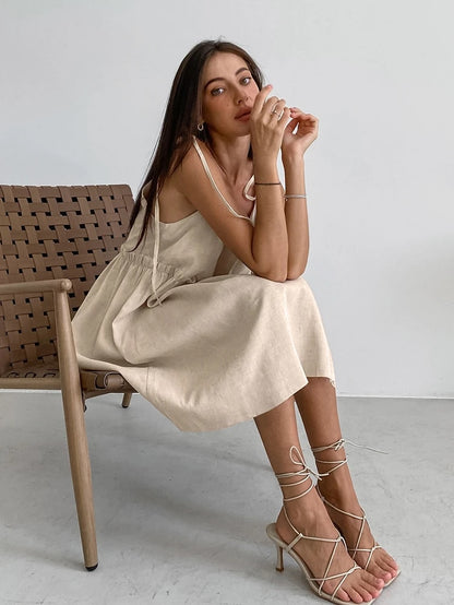 Holiday Comfort Style Khaki Linen Spaghetti Strap Dress