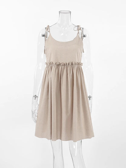 Holiday Comfort Style Khaki Linen Spaghetti Strap Dress