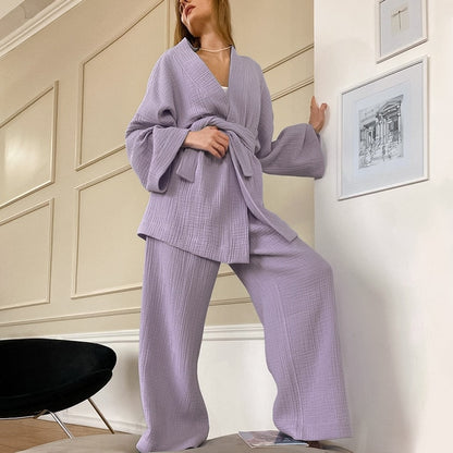 Japanese Style Fully Cotton Kimono Pajama Sets For Women