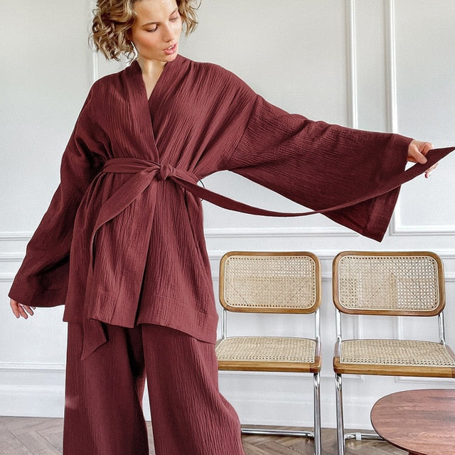 Japanese Style Fully Cotton Kimono Pajama Sets For Women