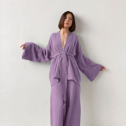 2025 Women’s Kimono Pajama Set – 100% Cotton Crepe Long-Sleeve Top & Trousers, Soft Sleepwear Suit for Home