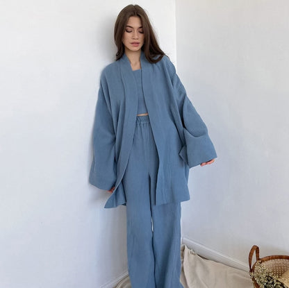 2025 Women’s Kimono Pajama Set – 100% Cotton Crepe Long-Sleeve Top & Trousers, Soft Sleepwear Suit for Home