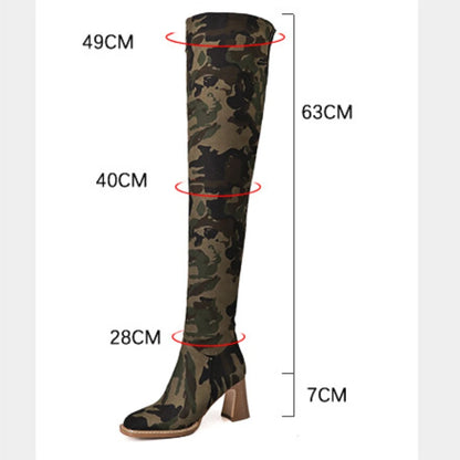 Fashion Over the Knee Boots for Women – New High-Quality Denim Camouflage, Round Toe High Heels, Modern Long Leg Boots