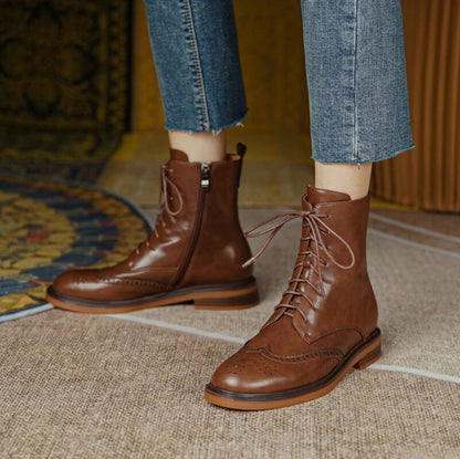 Women's Retro Carved Genuine Leather Ankle Boots – British Style Round Toe Autumn/Winter Shoes