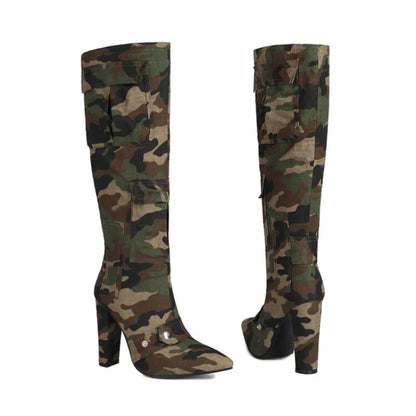 Designer Camouflage Themed Knee Length High Heel Boots