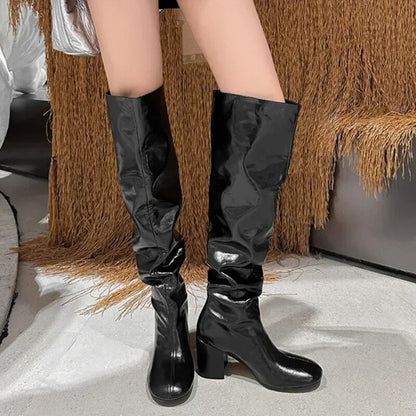 2025 Fashion Over-the-Knee Boots for Women | Sexy Snake Pattern Leather Boots with Square Head, Pleated High Heels