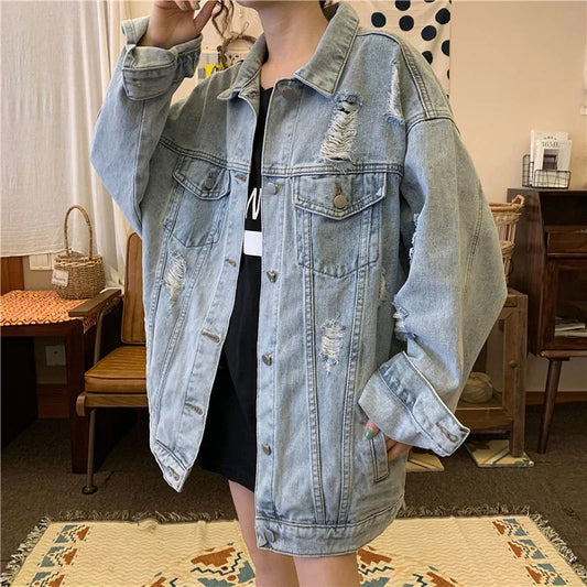 Vintage Ripped Plus Size Women Denim Jacket