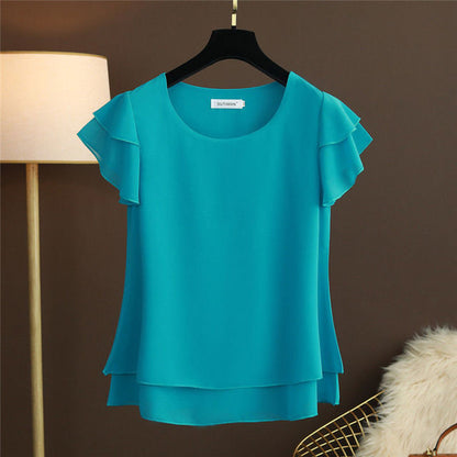 Short Flare Sleeve Plain O-Neck Chiffon Women Blouse Top