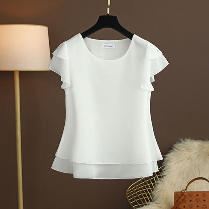 Short Flare Sleeve Plain O-Neck Chiffon Women Blouse Top