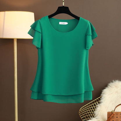 Short Flare Sleeve Plain O-Neck Chiffon Women Blouse Top