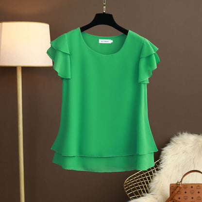 Short Flare Sleeve Plain O-Neck Chiffon Women Blouse Top