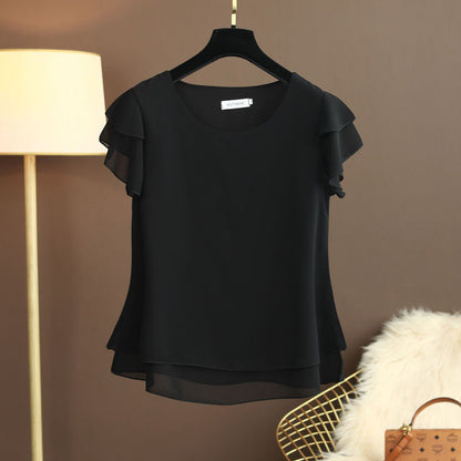 Short Flare Sleeve Plain O-Neck Chiffon Women Blouse Top