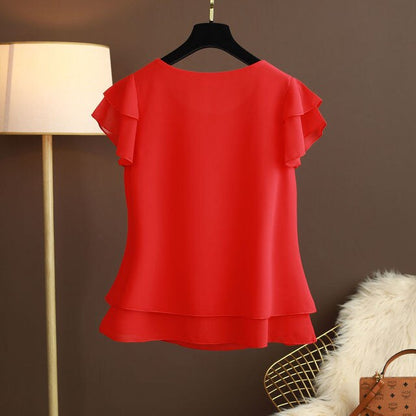 Short Flare Sleeve Plain O-Neck Chiffon Women Blouse Top