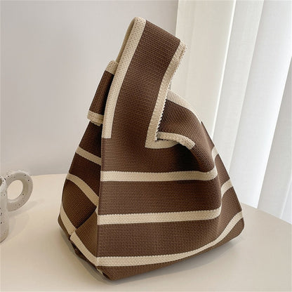 Handmade Knitted Knot Wrist Bag – Striped Yarn Woven Tote for Women & Reusable Shopping