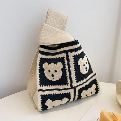 Handmade Knitted Knot Wrist Bag – Striped Yarn Woven Tote for Women & Reusable Shopping