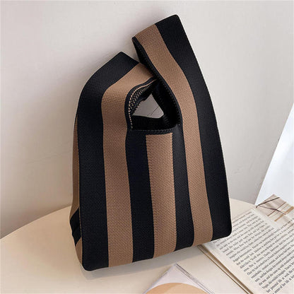 Handmade Knitted Knot Wrist Bag – Striped Yarn Woven Tote for Women & Reusable Shopping