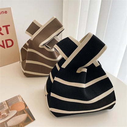 Handmade Knitted Knot Wrist Bag – Striped Yarn Woven Tote for Women & Reusable Shopping