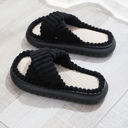 Open-Toe Cross Band Linen Soled Indoor Slippers For Winter