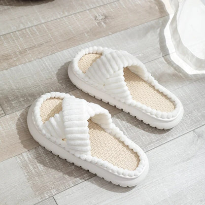 Open-Toe Cross Band Linen Soled Indoor Slippers For Winter