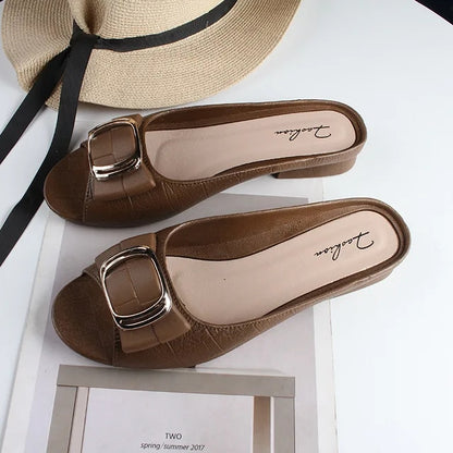 Designer Square Buckle Elegant Flat Slippers For Women