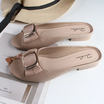 Designer Square Buckle Elegant Flat Slippers For Women