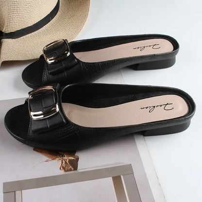 Designer Square Buckle Elegant Flat Slippers For Women