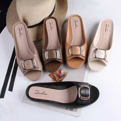 Designer Square Buckle Elegant Flat Slippers For Women