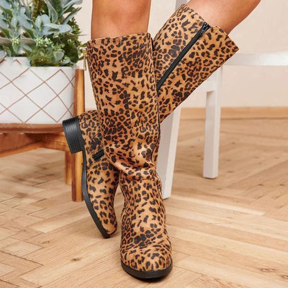 Retro Leopard Print Long Tube Boots for Women | Chunky Low Heel Statement Boots