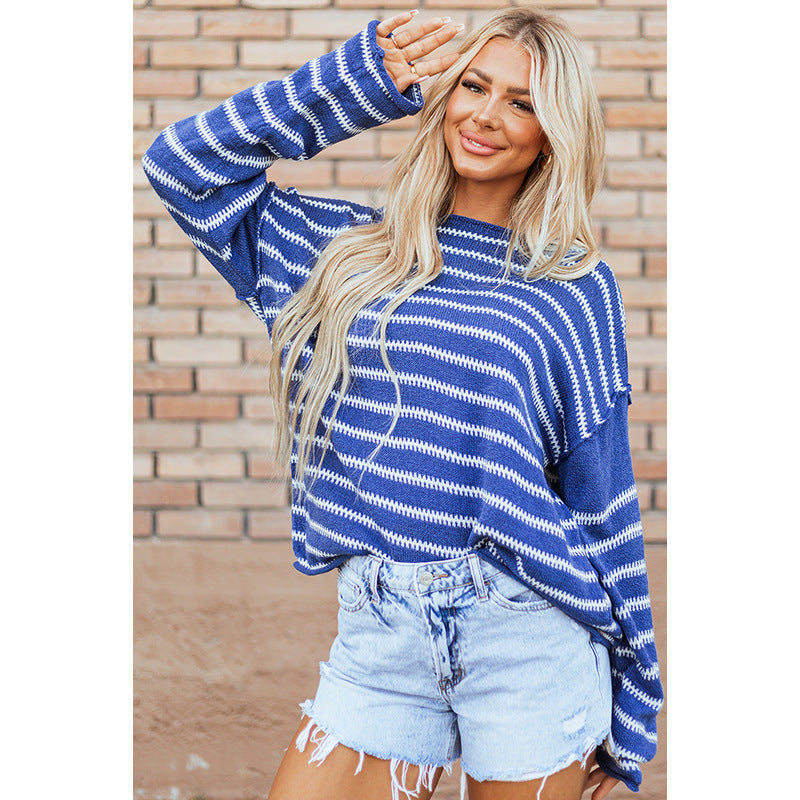 Loose & Warm Knitted Pullover for Women – Cozy Striped Casual Sweater