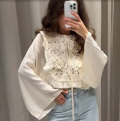 Hollow Embroidered Bell Sleeve Shirt & Short Skirt Two-Piece Outfit Set | Trendy Street Style Style 2025