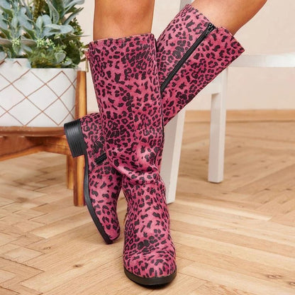 Retro Leopard Print Long Tube Boots for Women | Chunky Low Heel Statement Boots