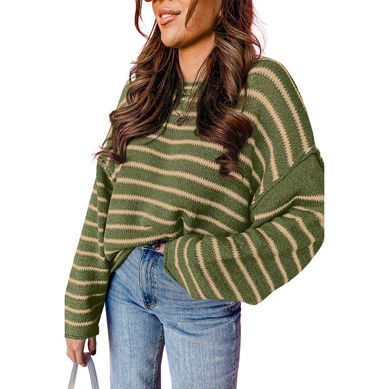 Loose & Warm Knitted Pullover for Women – Cozy Striped Casual Sweater