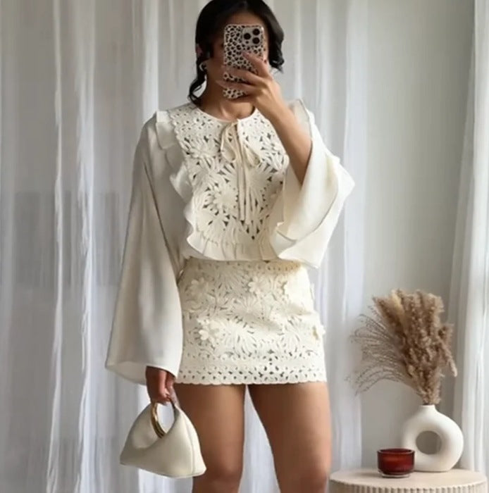 Hollow Embroidered Bell Sleeve Shirt & Short Skirt Two-Piece Outfit Set | Trendy Street Style Style 2025