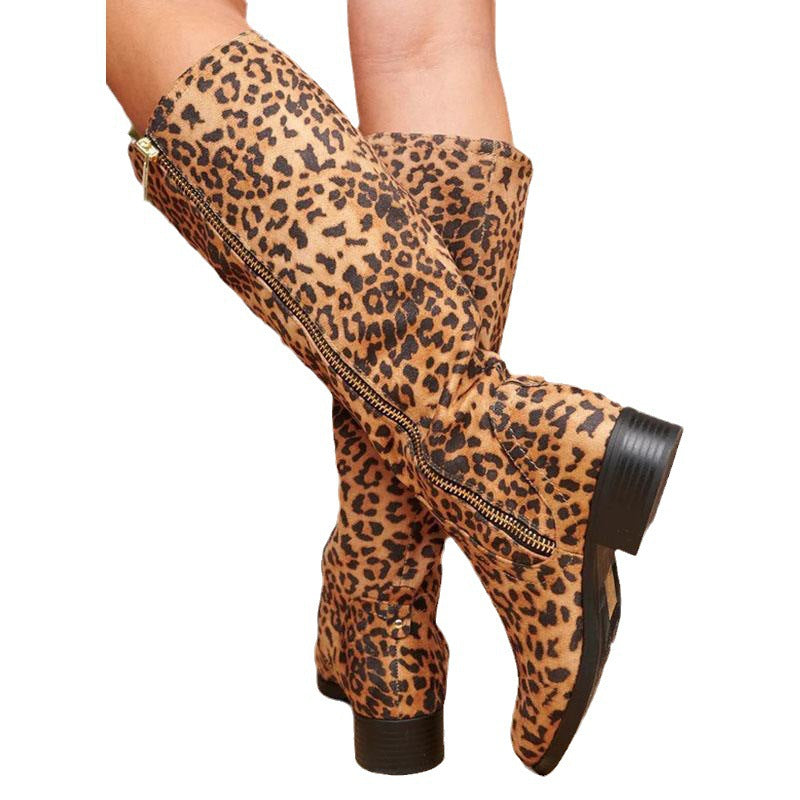 Retro Leopard Print Long Tube Boots for Women | Chunky Low Heel Statement Boots