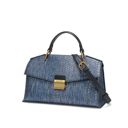 Trendy Blue Handbag Snake Pattern Composite Cowhide Leather