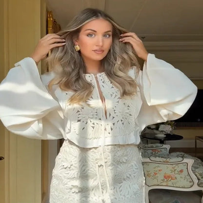 Hollow Embroidered Bell Sleeve Shirt & Short Skirt Two-Piece Outfit Set | Trendy Street Style Style 2025