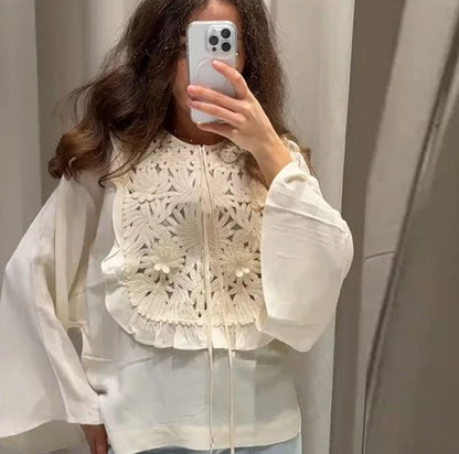 Hollow Embroidered Bell Sleeve Shirt & Short Skirt Two-Piece Outfit Set | Trendy Street Style Style 2025