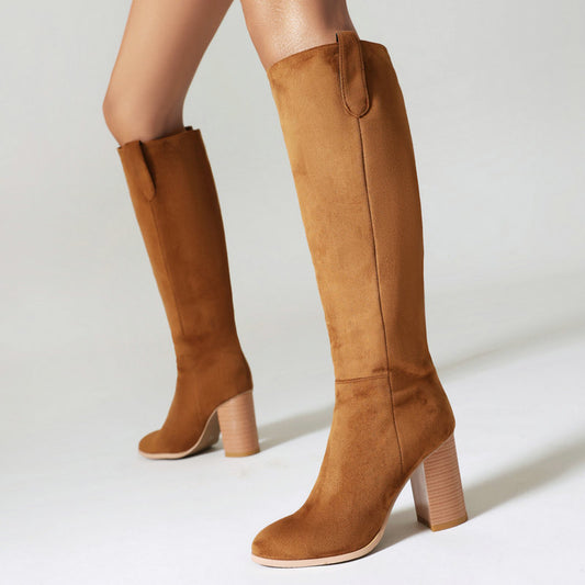 Striking Suede Long Boots for Women | Chunky Heel & Round Toe Winter Boots