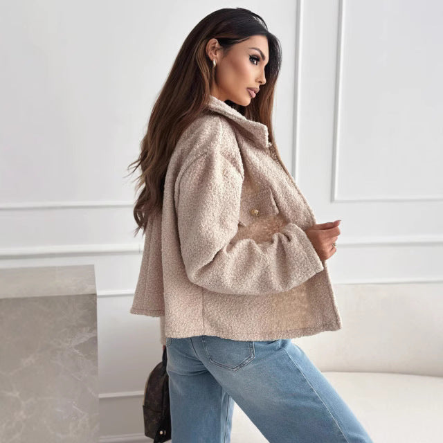 Solid Color Tweed Coat with Polo Collar – Coats for Women Elegant & Office Casual Outfits