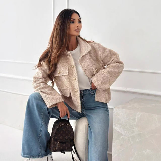 Solid Color Tweed Coat with Polo Collar – Coats for Women Elegant & Office Casual Outfits