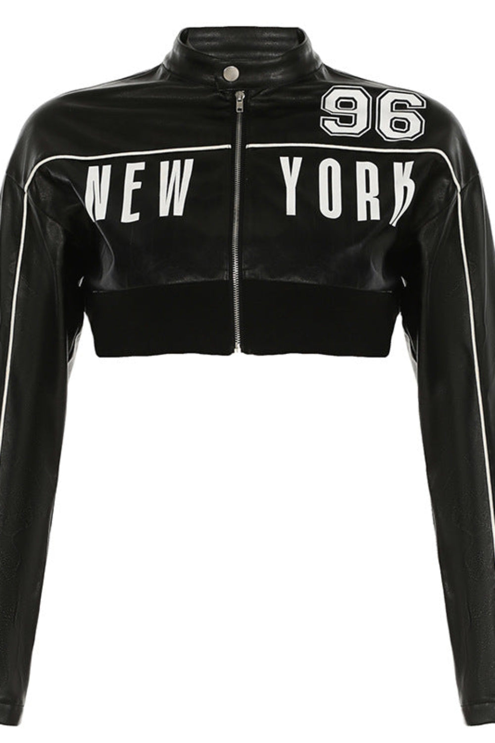 Black leather jacket with 'New York 96' text on a white background
