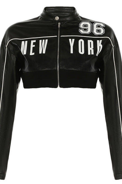 Black leather jacket with 'New York 96' text on a white background