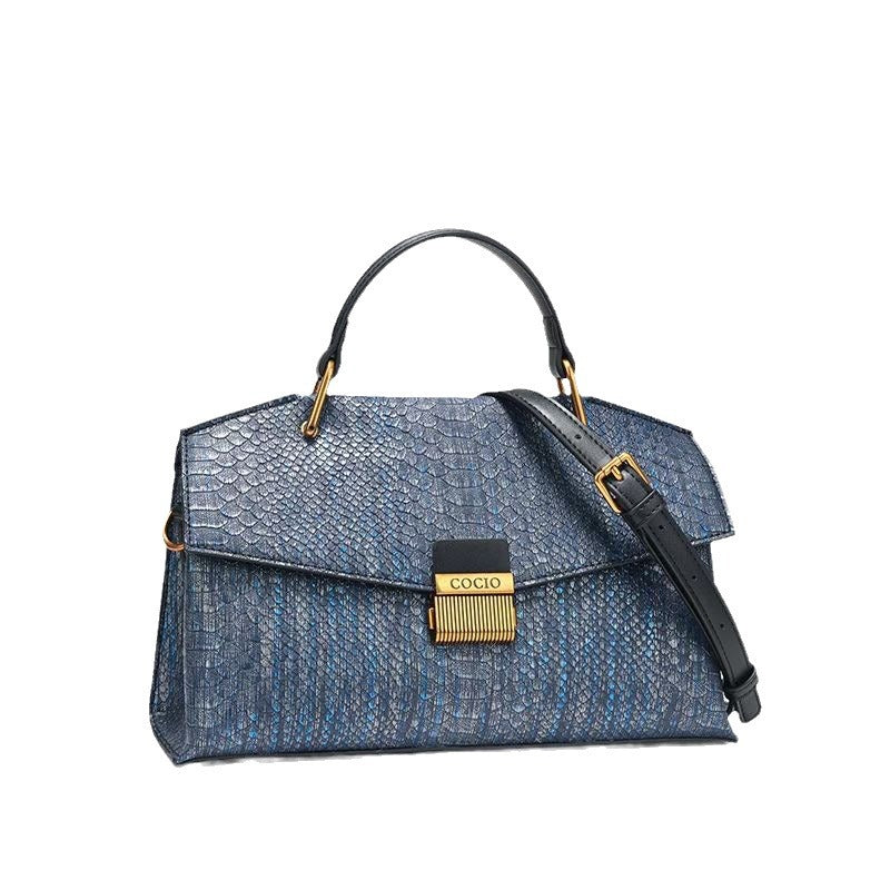 Trendy Blue Handbag Snake Pattern Composite Cowhide Leather