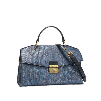 Trendy Blue Handbag Snake Pattern Composite Cowhide Leather