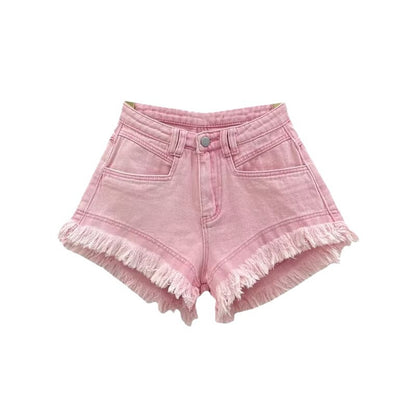 High-Waist Frayed Denim Shorts Women – Edgy Summer Streetwear Outfit