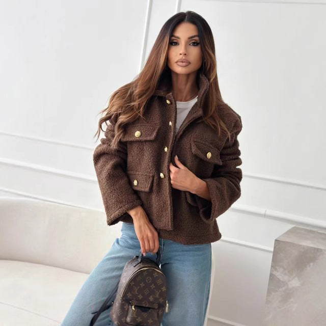 Solid Color Tweed Coat with Polo Collar – Coats for Women Elegant & Office Casual Outfits