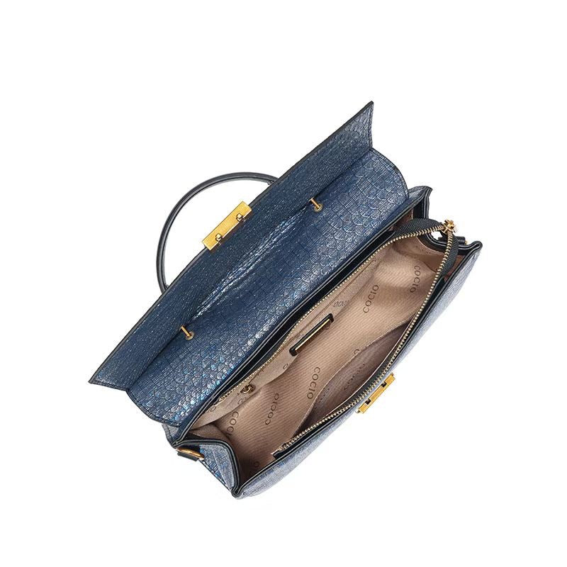 Trendy Blue Handbag Snake Pattern Composite Cowhide Leather